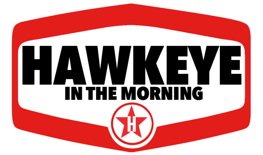 A red and white logo for hawkey in the morning.